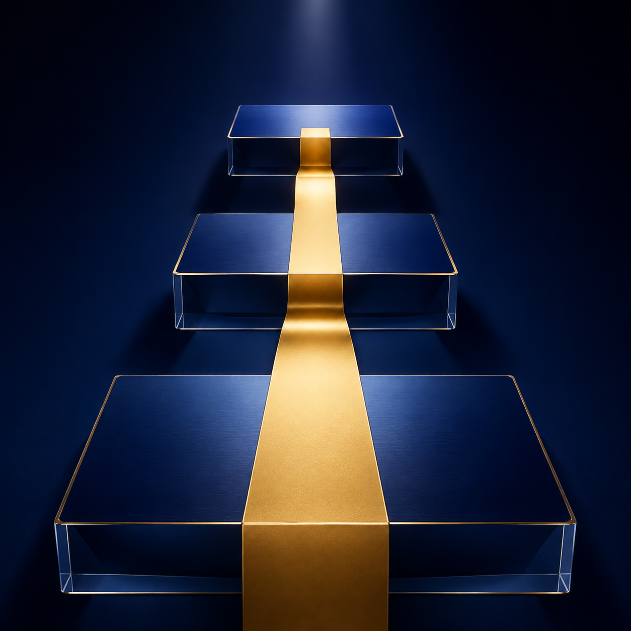 Gold path connecting rising blue platforms
